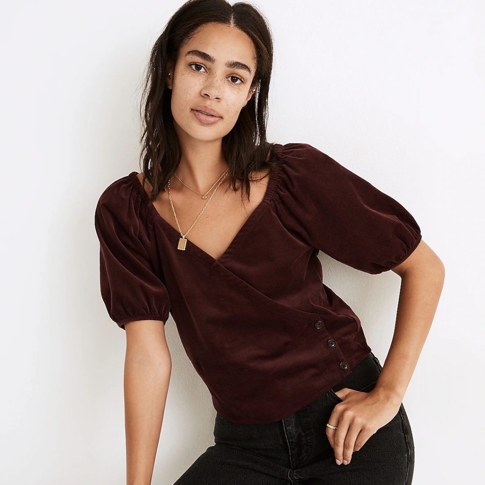 Corduroy Puff-Sleeve Wrap Top | Madewell